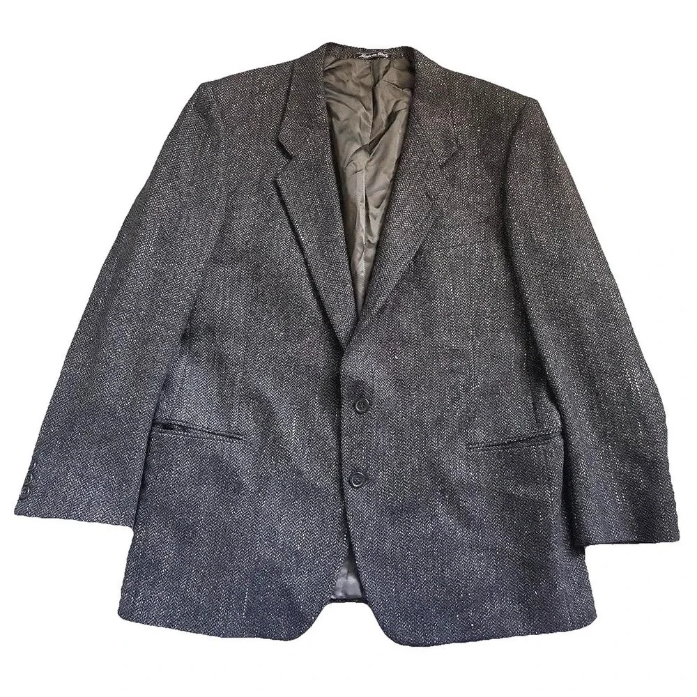 90s Mani Giorgio Armani Silk Wool Tweed Blazer Men 46L Gray Brown Chevron Italy